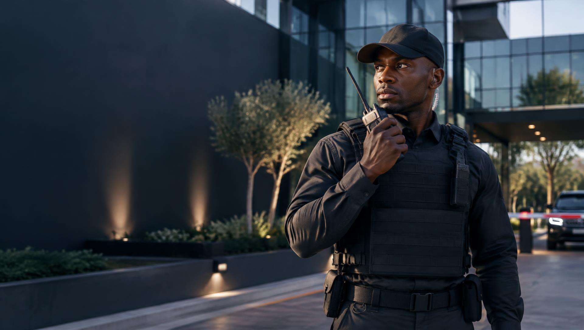 SWD Security officer communicating by radio at a commercial property